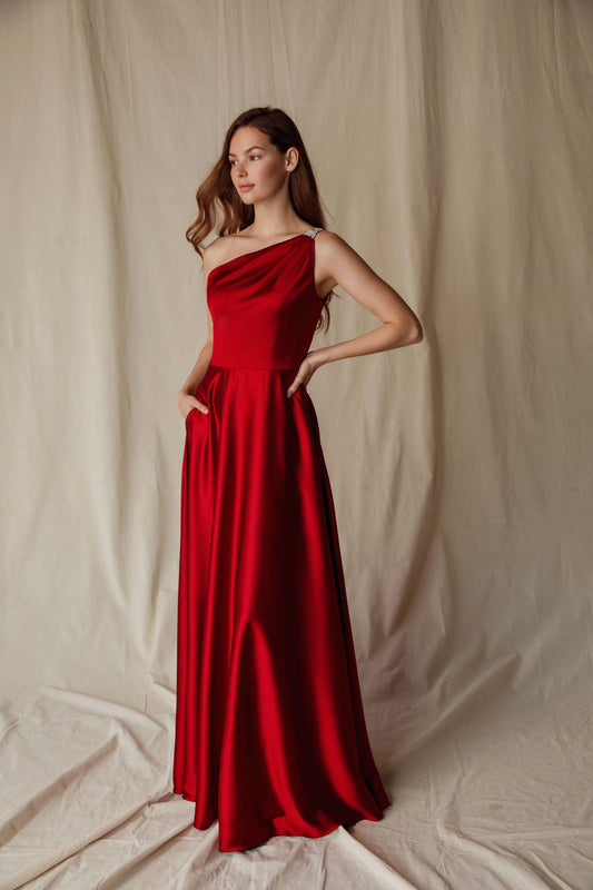 9025 One Shoulder Embellished Pocket Evening Dress