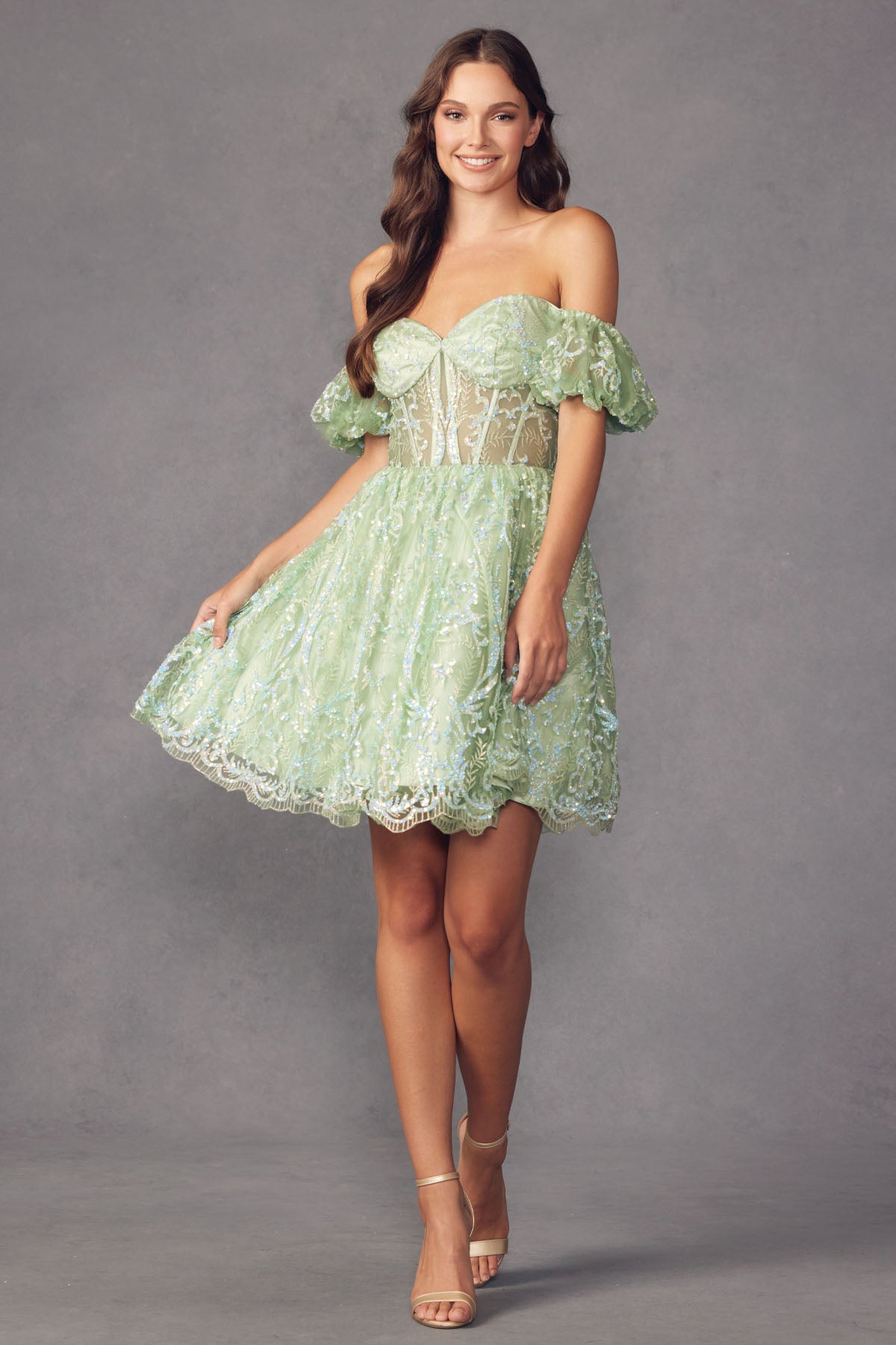 Sweetheart Off Shoulder Short Sleeve Short Dress in Sage or Lilac