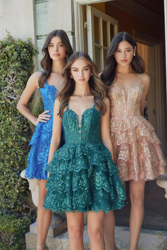 Fit and Flair Glitter Multi-layered Skirt thin straps Short Dress Homecoming
