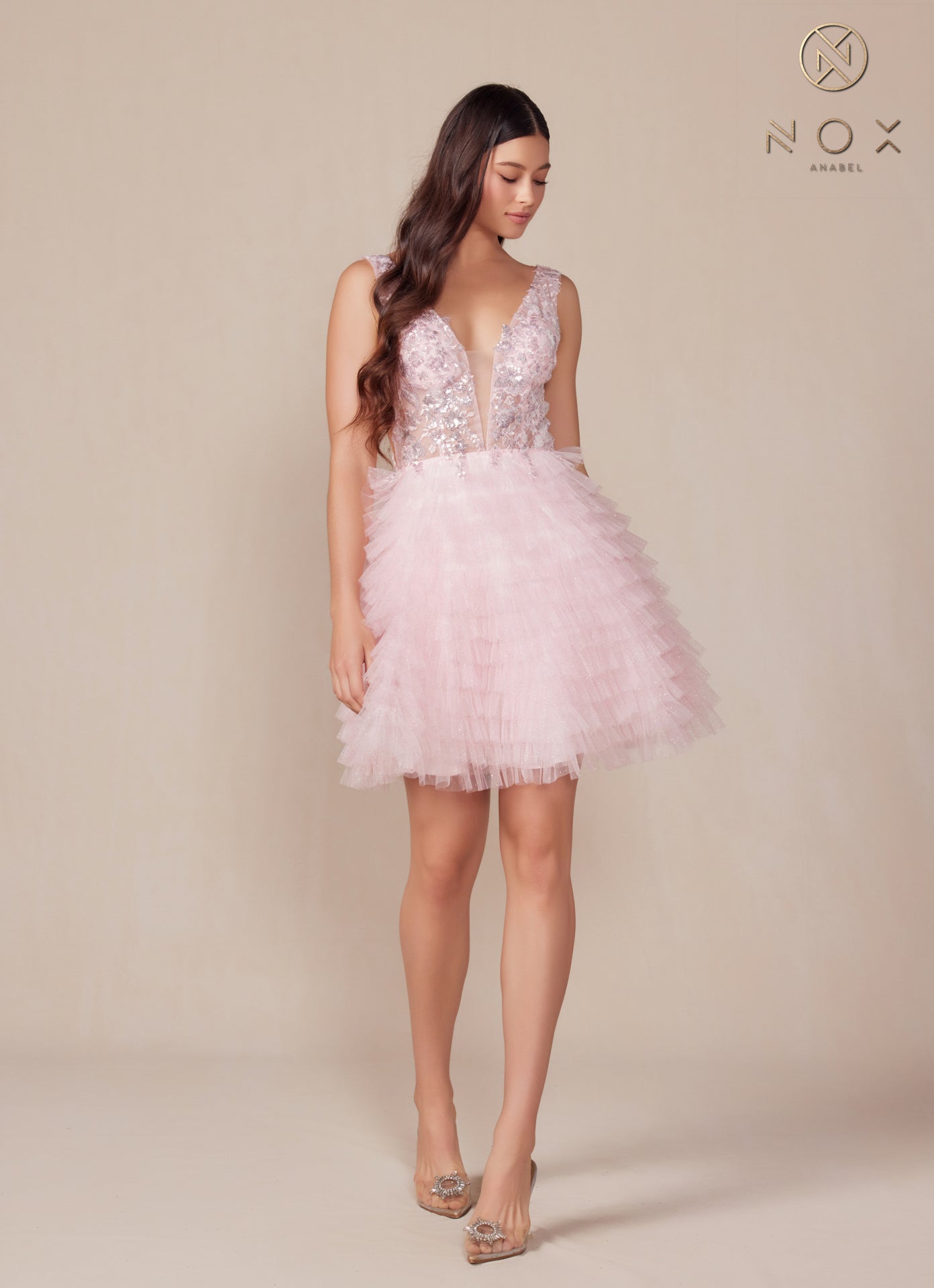 Sequin Plunged Neckline Tiered Ruffle Short Dress Homecoming