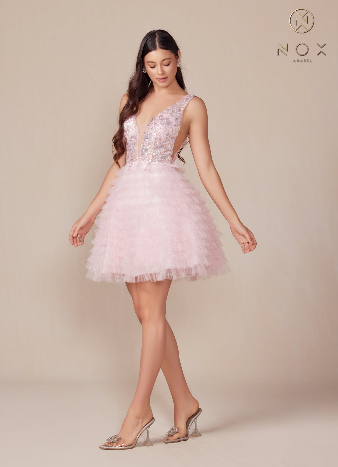 Sequin Plunged Neckline Tiered Ruffle Short Dress Homecoming