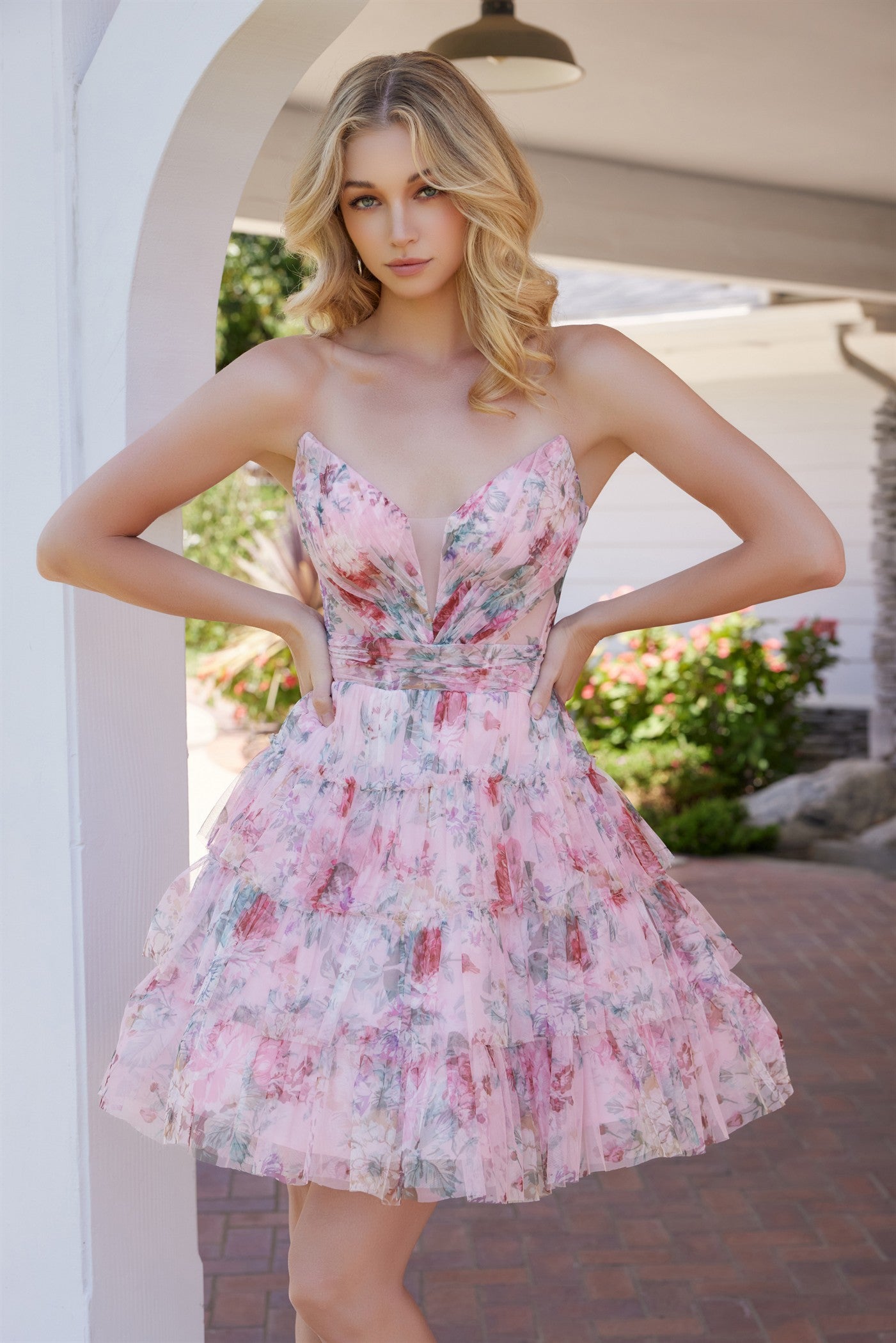 Chic and Graceful Strapless Flower Print Chiffon Dress M992