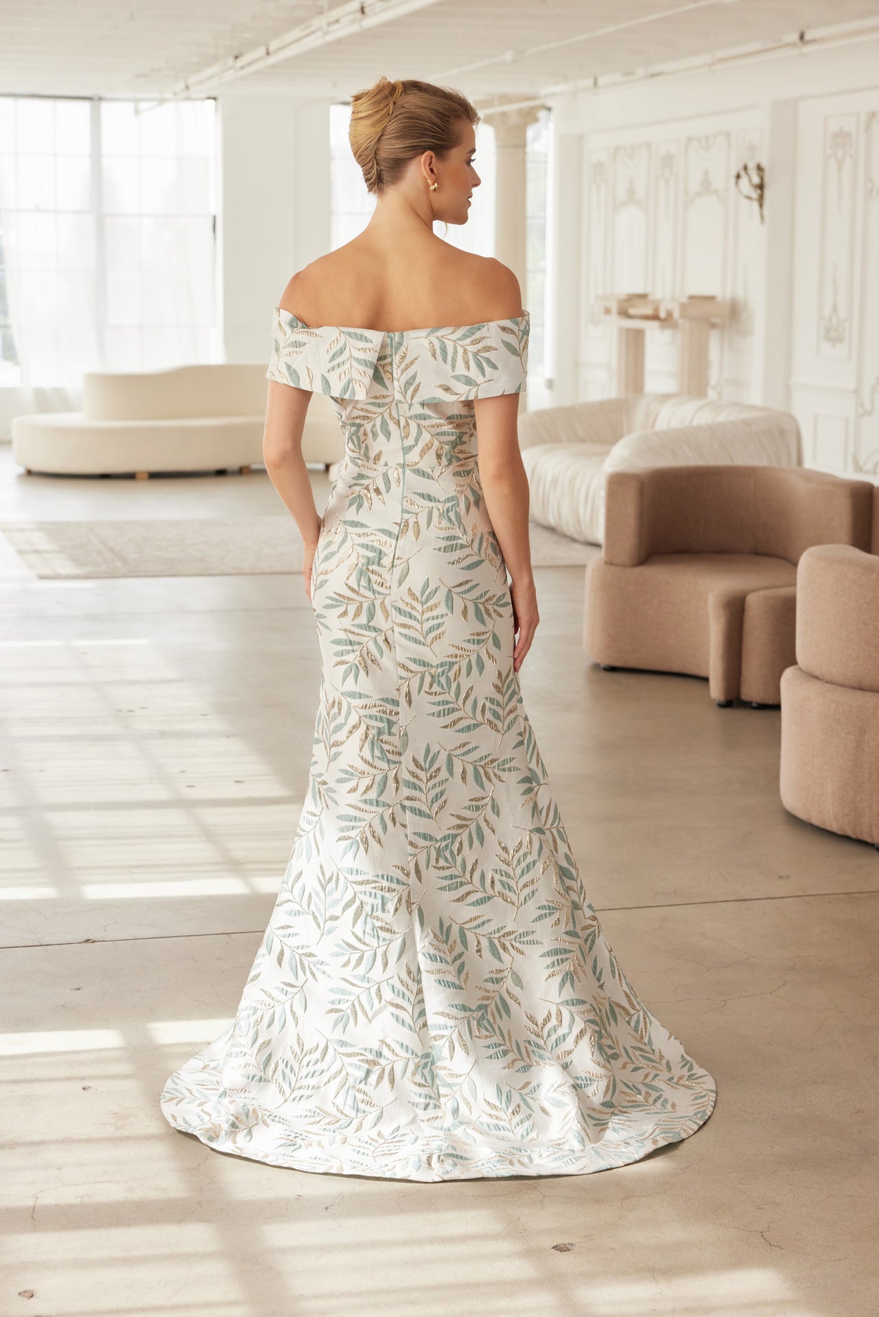 Off-Shoulder Jacquard Mother of the Bride Dress