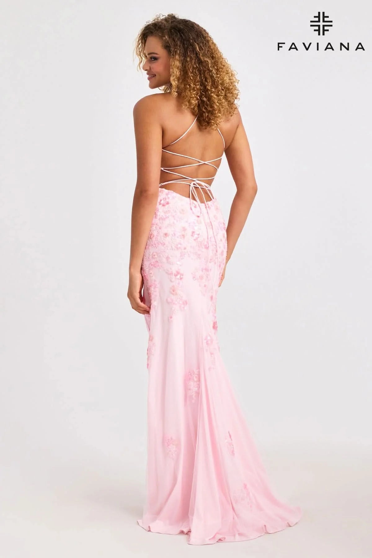 New! Faviana Long V-Neck Dress With Floral Beaded Appliqué