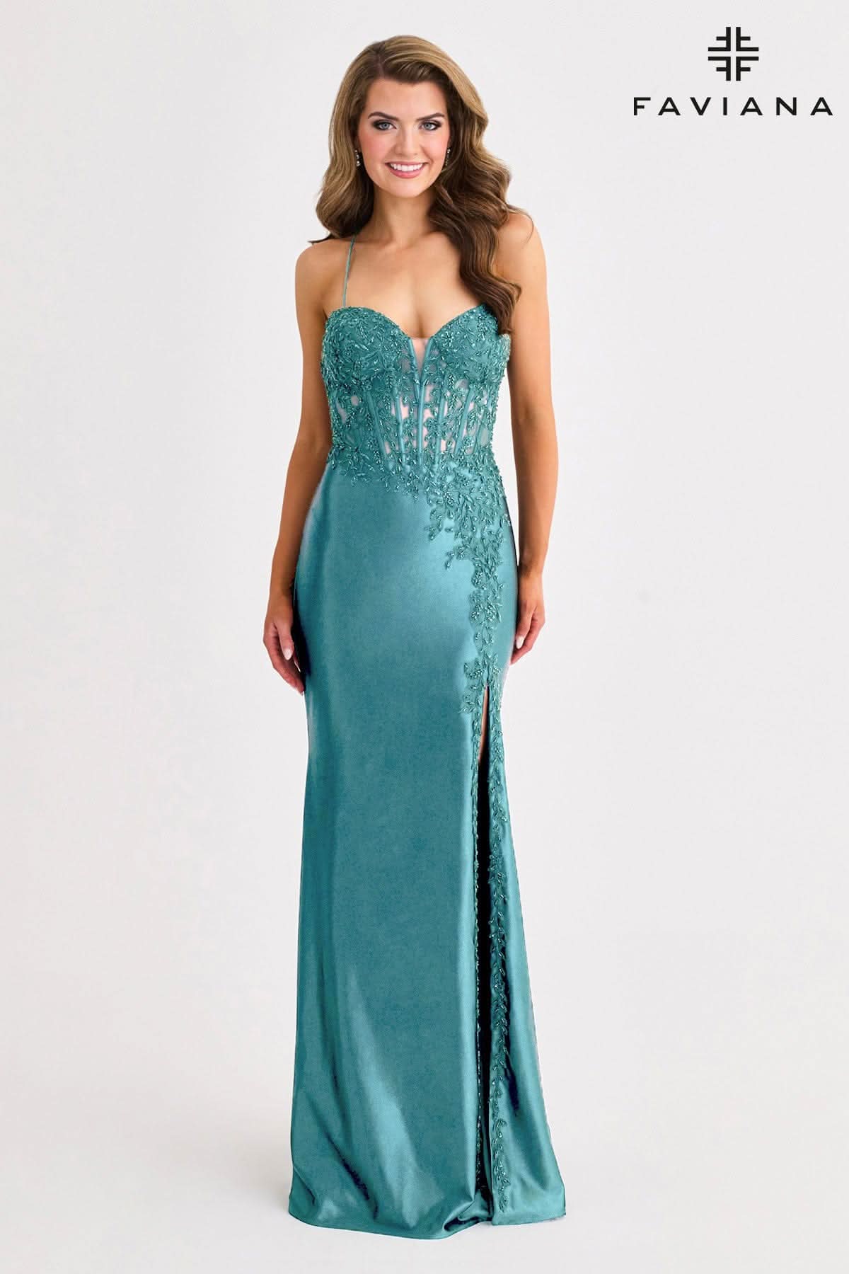 NEW! Faviana Sweetheart Satin Corset Dress With Asymmetrical Beading