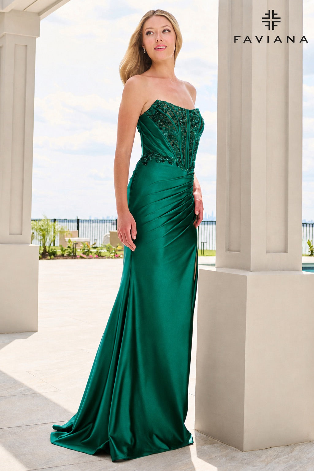 NEW for PROM 2027! Beaded Satin Strapless Bustier Dress With Gathered Pleating