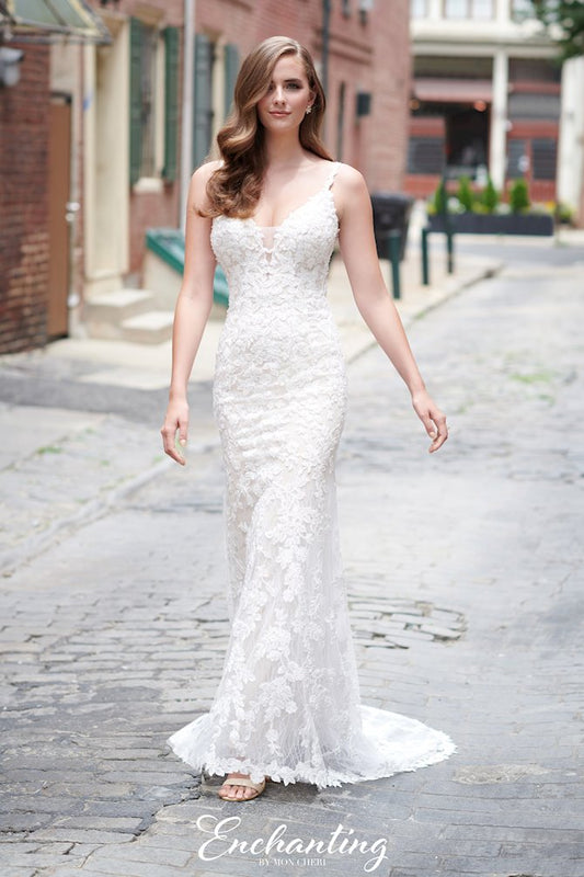 120174 Sheath Lace Wedding Dress by Enchanting for Mon Cheri