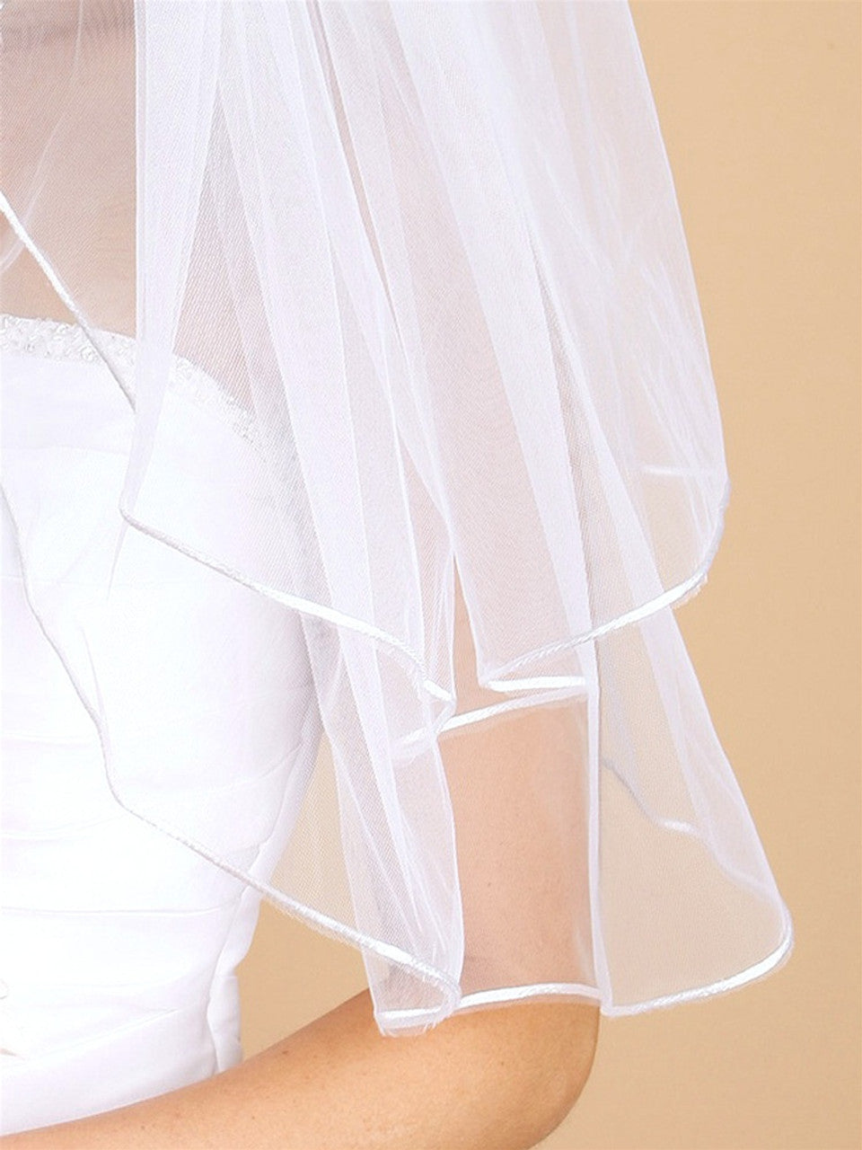 226V-30-I 2-Row 36" Fingertip Wedding Veil with Rounded Satin Cord Edge - Ivory