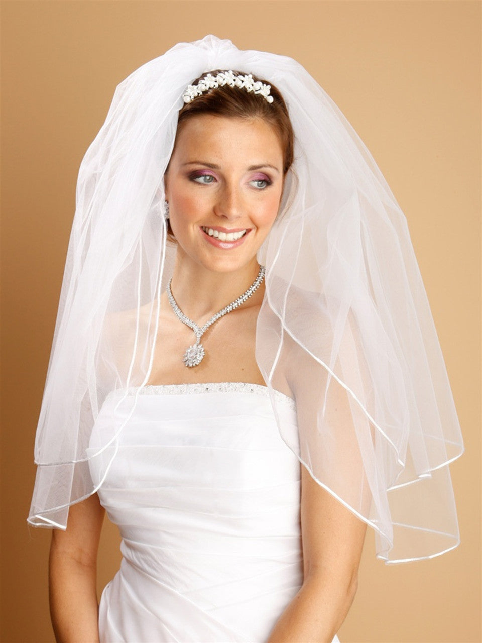226V-30-I 2-Row 36" Fingertip Wedding Veil with Rounded Satin Cord Edge - Ivory