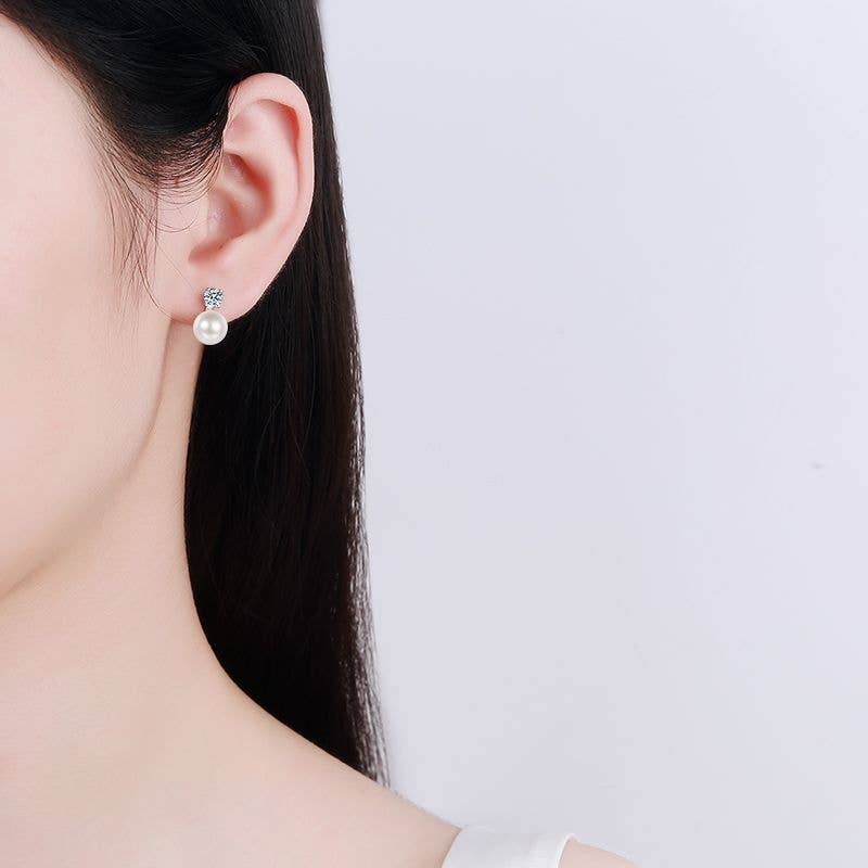 Moissanite Pearl Wedding Stud Earring in 925 Sterling Silver