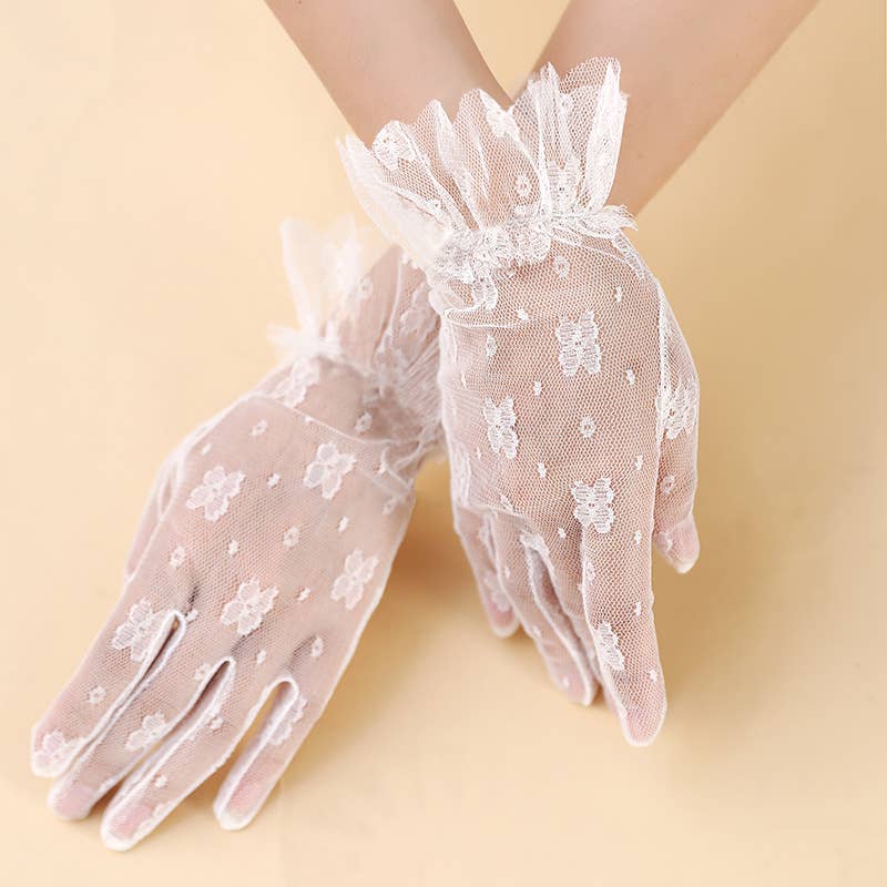 Nylon Gloves with Ruffles for Bridal, Formal Occasion: Ivory
