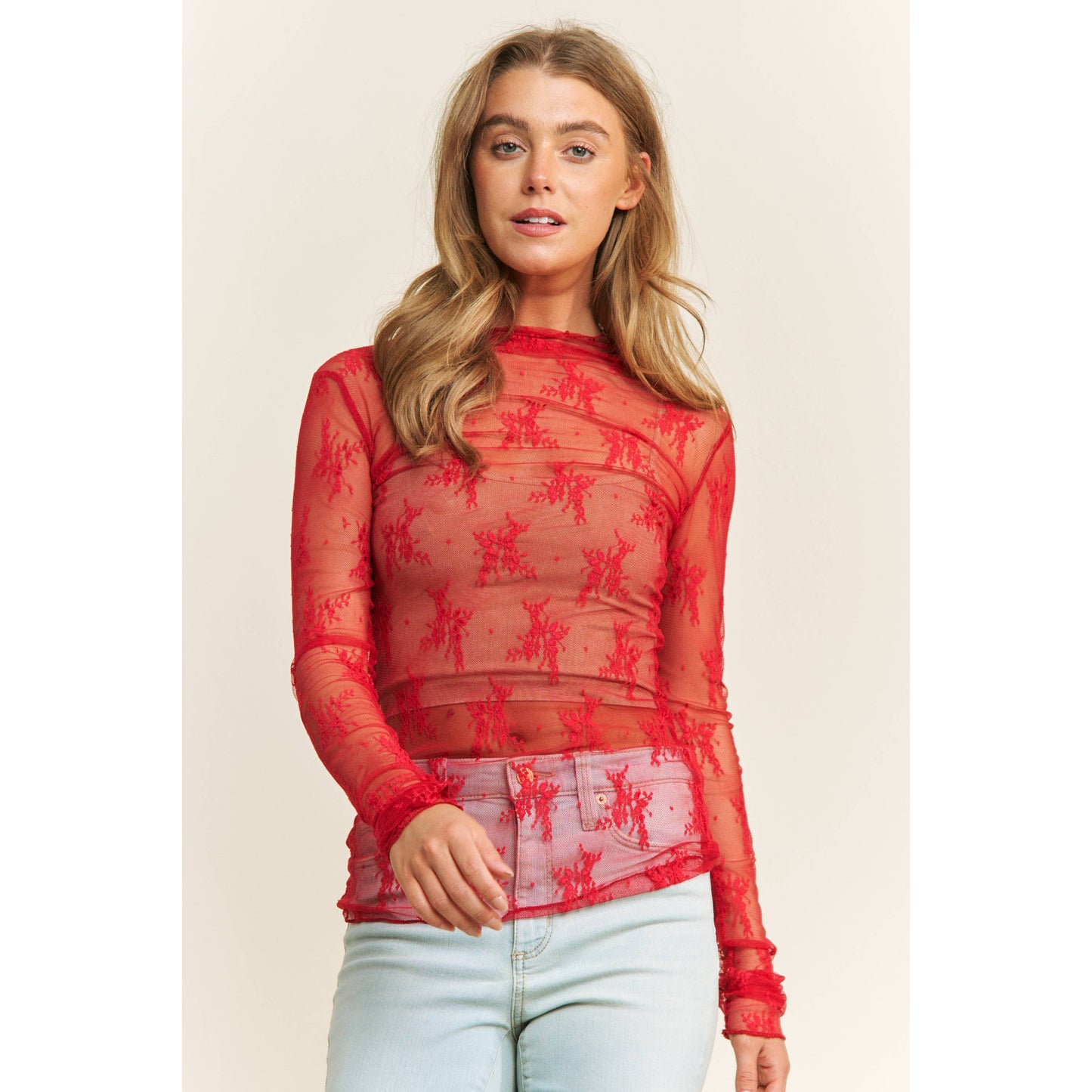 MESH LACE HIGH NECK DESIGN LONG SLEEVE FITTED TOP