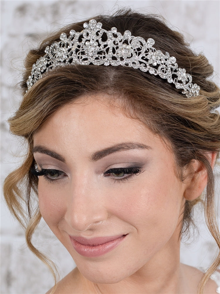 Vintage Filigree Bridal, Wedding or Prom Silver Tiara with Clear Crystals