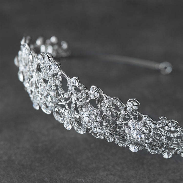 Vintage Filigree Bridal, Wedding or Prom Silver Tiara with Clear Crystals