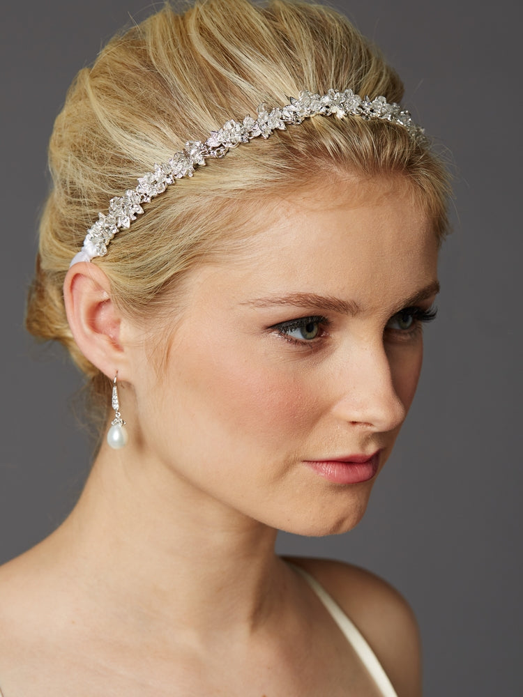 Slender Bridal Headband with Hand-wired Crystal Clusters and White Ribbons