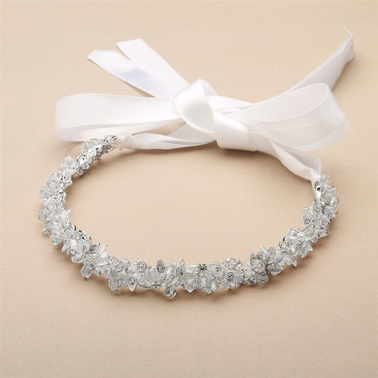 Slender Bridal Headband with Hand-wired Crystal Clusters and White Ribbons