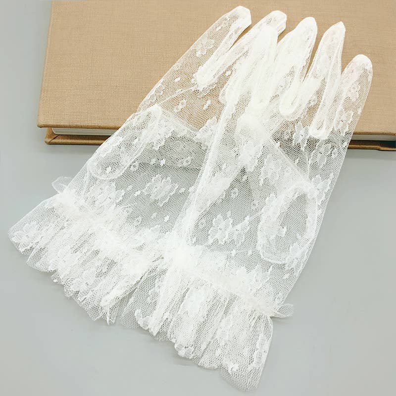 Nylon Gloves with Ruffles for Bridal, Formal Occasion: Ivory