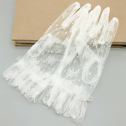 Nylon Gloves with Ruffles for Bridal, Formal Occasion: Ivory