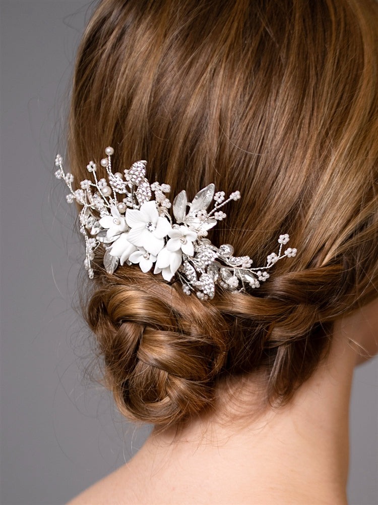Best Selling Bridal Hair Comb with White Resin Flowers, Crystals and Dainty Pearl Sprays