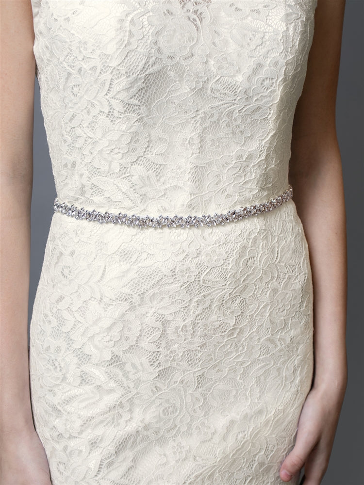 4610BT-I-G Slender Silver Bridal Belt with Austrian Crystals & Ivory Ribbon