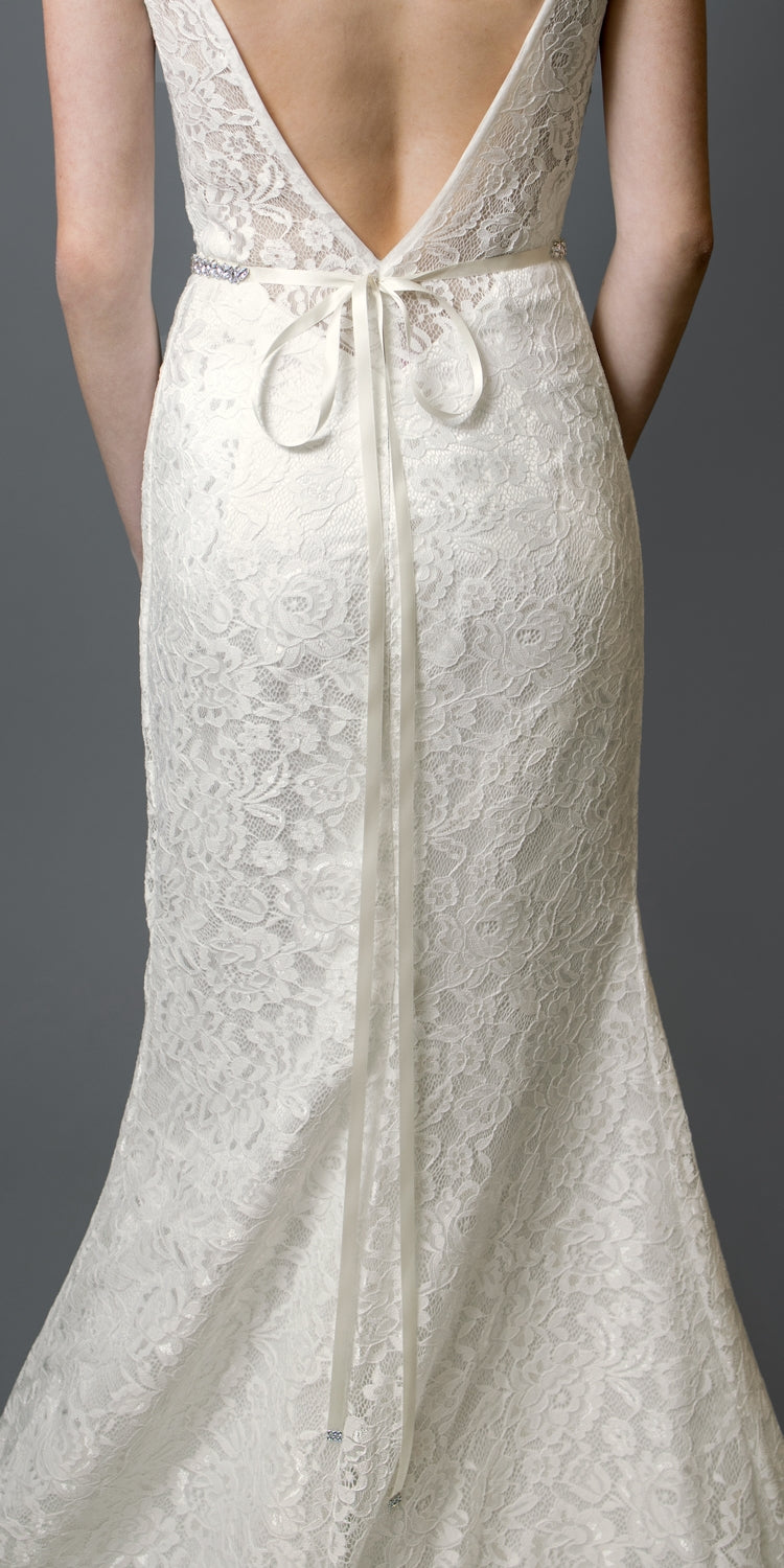 4610BT-I-G Slender Silver Bridal Belt with Austrian Crystals & Ivory Ribbon