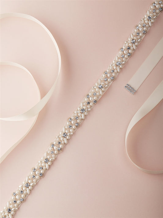 4614BT-I-S Ivory Pearl and Austrian Crystal Bridal Belt with Ribbon