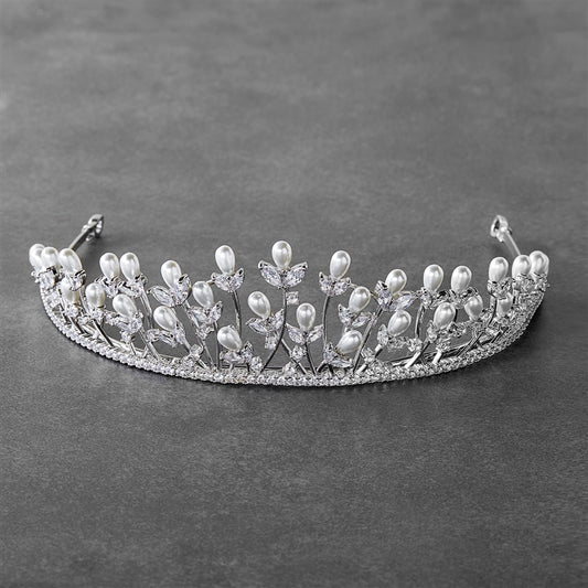 4626T-I-S Regal Cubic Zirconia and Pearl Wedding Tiara