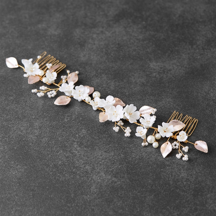 4631HC-I-G Gold Bridal Hair Comb Vine with Golden Blush Leaves & Lt. Ivory Resin Flowers