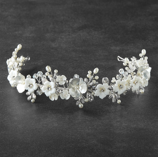 Silver Matte Floral Bridal Wedding Tiara Crown with Light Ivory Flowers & Freshwater Pearls