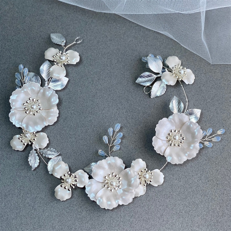 Bridal Hair Vine Headpiece with Ivory Enamel & Matte Silver Metal Flowers & Opal Crystals