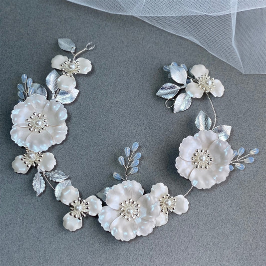 Bridal Hair Vine Headpiece with Ivory Enamel & Matte Silver Metal Flowers & Opal Crystals