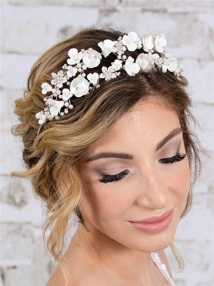 Bridal Tiara Wedding Crown with Soft Ivory Resin Florals & Matte Silver Flowers
