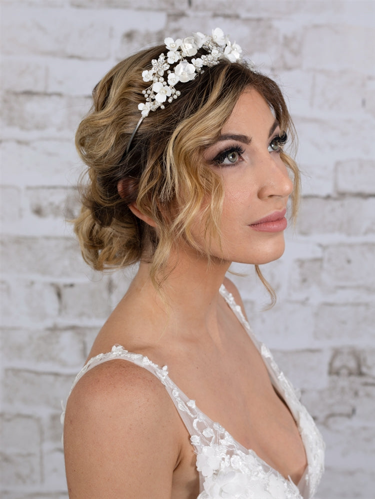 Bridal Tiara Wedding Crown with Soft Ivory Resin Florals & Matte Silver Flowers
