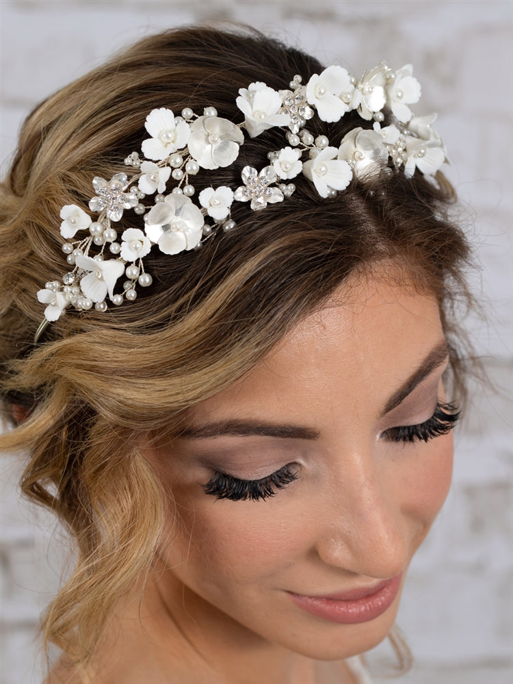 Bridal Tiara Wedding Crown with Soft Ivory Resin Florals & Matte Silver Flowers
