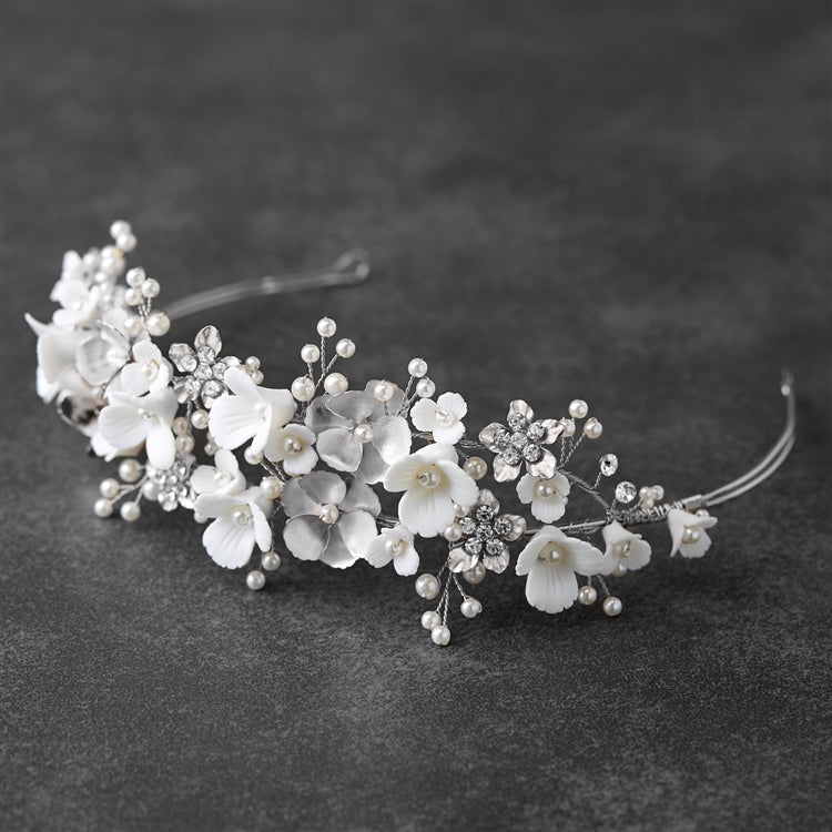 Bridal Tiara Wedding Crown with Soft Ivory Resin Florals & Matte Silver Flowers