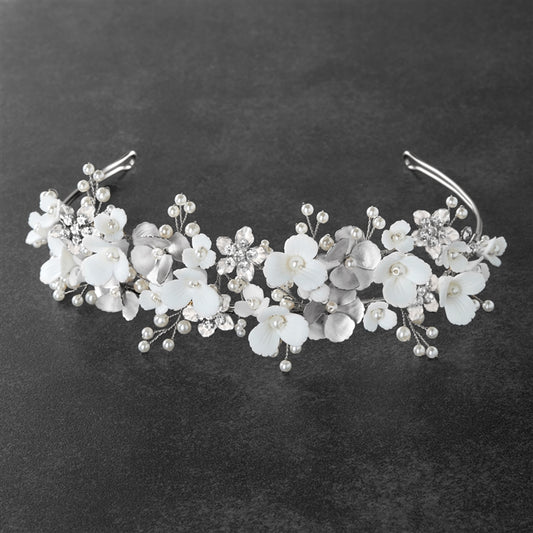 Bridal Tiara Wedding Crown with Soft Ivory Resin Florals & Matte Silver Flowers