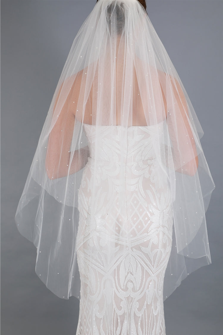 4645V-I-45 2-Tier 45" Knee Length Cut Edge Veil - Scattered Pearls & Crystals with 30" Blusher - Ivory