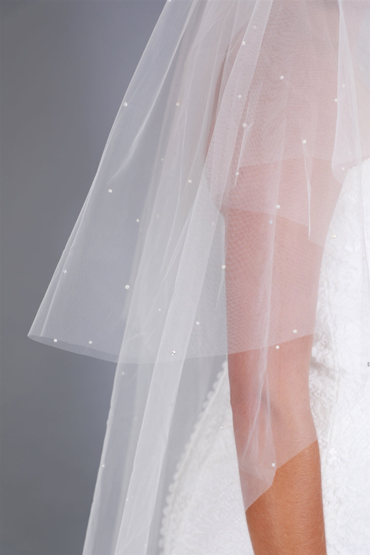 4645V-I-45 2-Tier 45" Knee Length Cut Edge Veil - Scattered Pearls & Crystals with 30" Blusher - Ivory