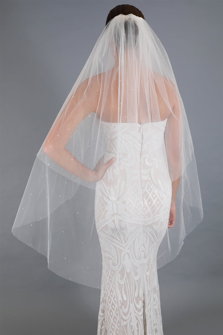 4645V-I-45 2-Tier 45" Knee Length Cut Edge Veil - Scattered Pearls & Crystals with 30" Blusher - Ivory