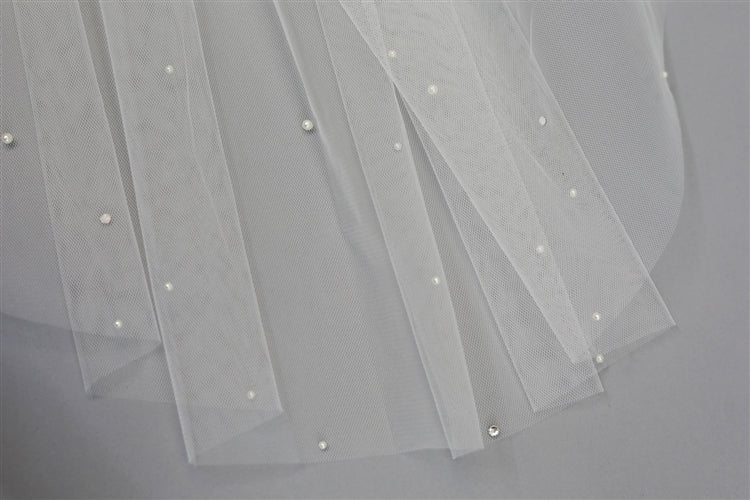 4645V-I-45 2-Tier 45" Knee Length Cut Edge Veil - Scattered Pearls & Crystals with 30" Blusher - Ivory