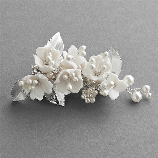 Wedding Hair Clip with White Resin Flowers, Pearls Matte Silver Leaves