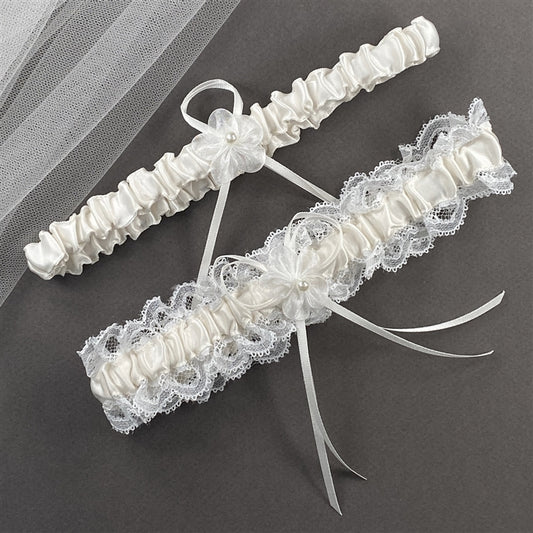 Ivory Lace Vintage Wedding Garter Set with Satin Ribbon - Ivory Tossing & Keepsake Garter
