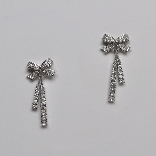 CZ Silver Bow with Ribbon Earring