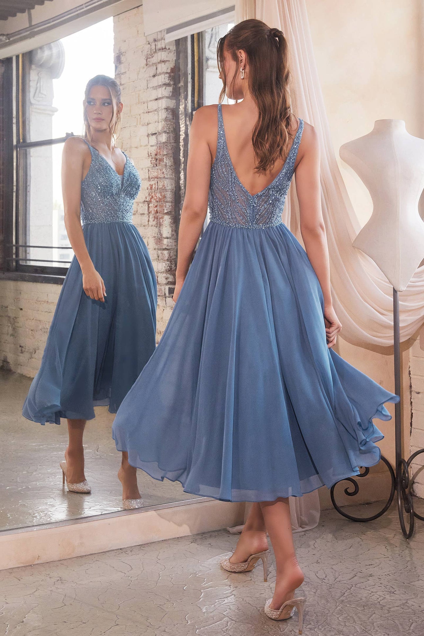 CHIFFON A-LINE TEA LENGTH DRESS