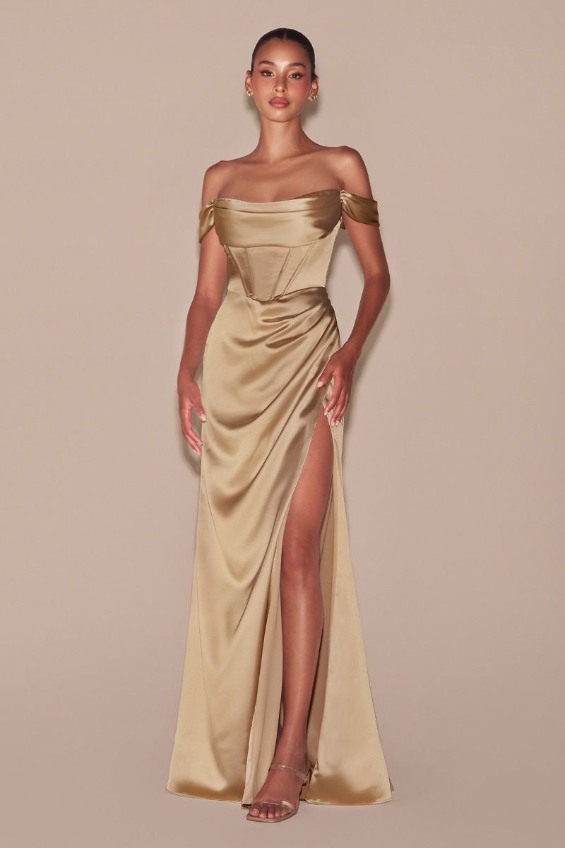 SATIN OFF THE SHOULDER CORSET GOWN 7492