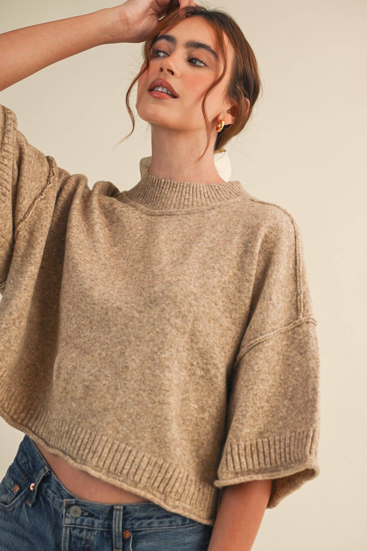 Knit Mock Neck Short Sleeved Sweater