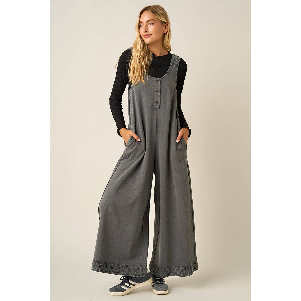 Mineral Wash Ruffle Hem Henley Jumpsuit