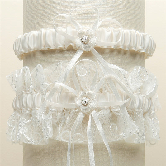 Vintage Wedding Garter Set with Floral Embroidered Tulle - Ivory