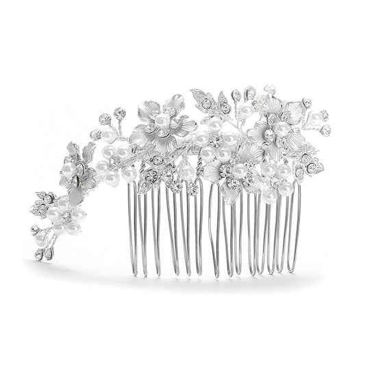 Brushed Silver and White Pearl Wedding Comb