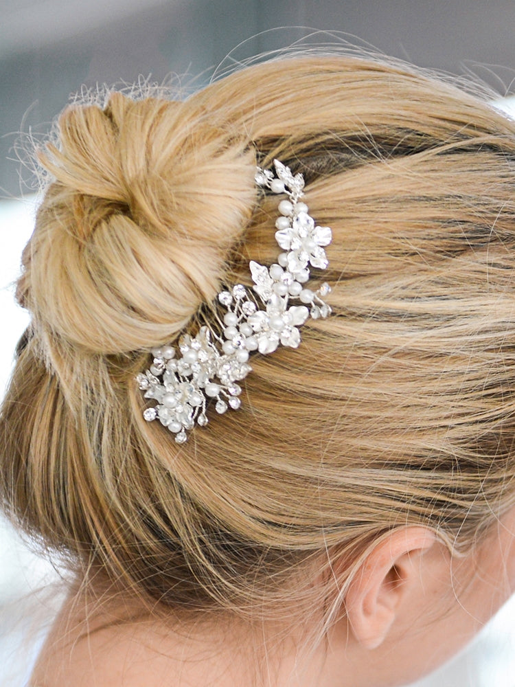 Brushed Silver and White Pearl Wedding Comb